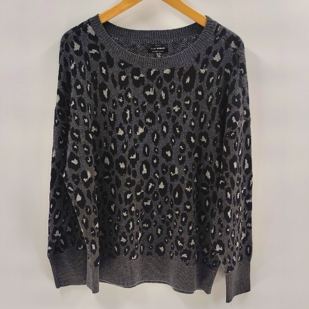 Lucky Brand Black & Gray Leopard Print Pullover Crew Neck Sweater Size 2X